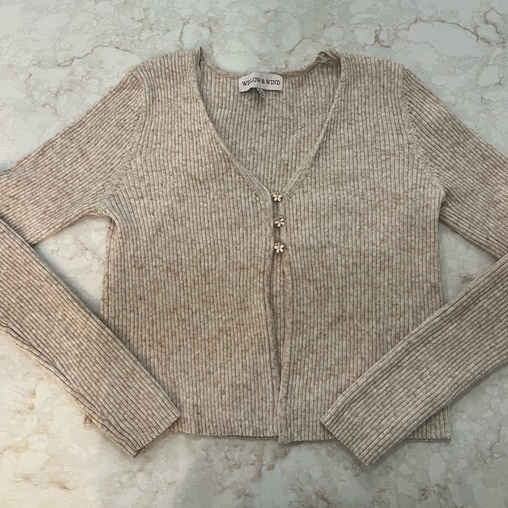 Cream Long Sleeve Tee with Textured Knit and Relaxed Fit